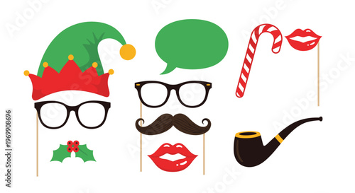 Set of colorful christmas themed photo booth props including an elf hat candy cane mustache and glasses for fun holiday party photos.