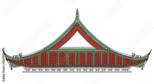 Intricate illustration of a traditional Chinese temple roof with red and green details, showcasing classic architectural design on a white background