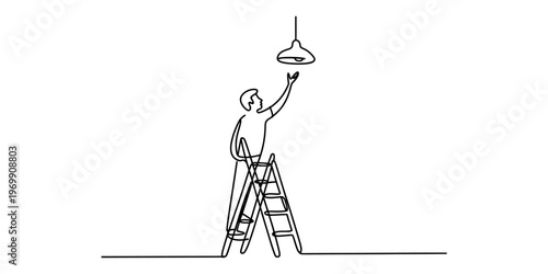 A continuous line drawing of a person standing on a ladder to reach and fix a hanging light bulb Vector, illustration