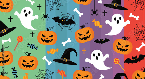 Festive halloween seamless pattern featuring pumpkins ghosts bats witches hats and candies on colorful striped background sections.