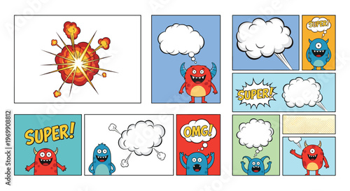 Colorful comic strip pages with friendly monsters speech bubbles and loud action words like super and omg for kids entertainment.
