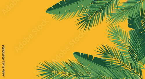 Vibrant summer design featuring lush green tropical palm and banana leaves framing a bright orange solid background for copy space.