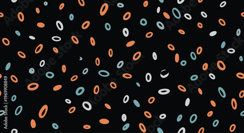 Playful abstract pattern with colorful hand drawn rings scattered across a dark black background for a modern and energetic visual.