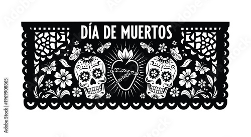Ornate black and white mexican papel picado design for dia de los muertos featuring sugar skulls floral patterns and a central heart.