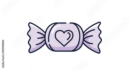 Cute purple wrapped candy icon with a white heart symbol on the wrapper for sweet treats and valentine day themes.