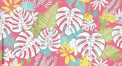 Vibrant tropical pattern featuring large white monstera leaves and various green, yellow, and blue fern fronds on a bright pink background.