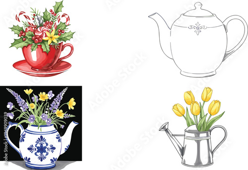 Floral Teapot and Watering Can Illustration Set with Tulips, Lavender and Christmas Bouquet Decorative Botanical Vector Collection