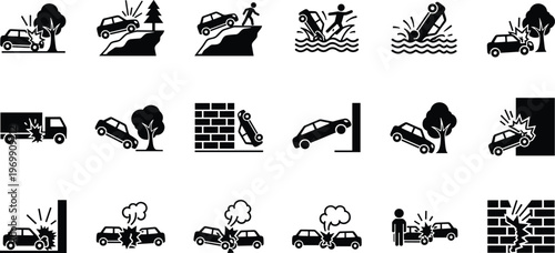 car accident icons crash hazard road safety traffic collision emergency damage illustration vector design concept transport risk set