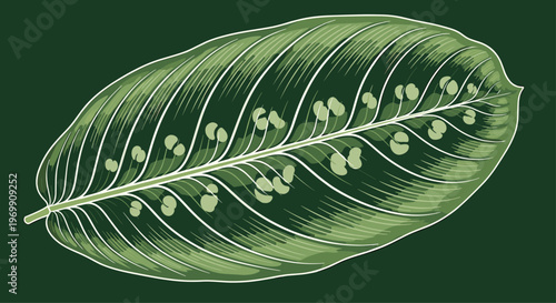 Detailed color illustration of a tropical calathea leaf with dark green spots and fine veins on a dark green background for botanical art.