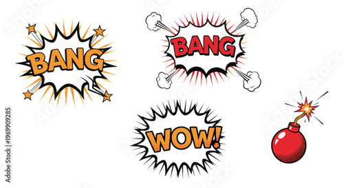 Fun set of comic book style stickers featuring action words like bang and wow alongside a classic red bomb with a lit fuse.