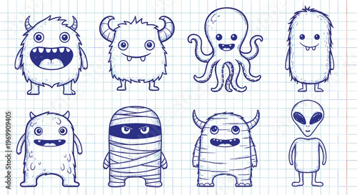 Collection of eight funny and unique monster sketches drawn in blue ink on a background of graph paper for a playful look.