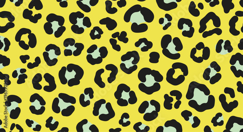 Bold seamless leopard print pattern featuring black and mint green spots on a vibrant yellow background for fashion design.