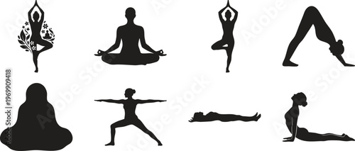 Diverse Yoga Poses Silhouettes Collection: Meditation, Balance, and Wellness Vector Illustrations