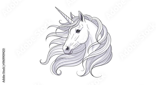 Majestic hand drawn illustration of a unicorn head with a long flowing mane in soft purple and gray tones on a white background.