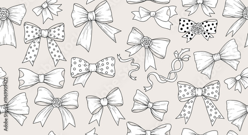 Seamless pattern featuring a wide variety of hand drawn ribbon bows with polka dots and roses in a detailed black line art style.