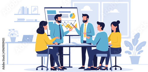 Diverse team collaborating around table in minimalist office with blue and yellow outfits in flat design for business presentation