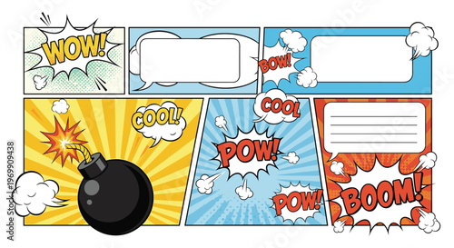 Colorful comic strip template with several panels, speech bubbles, a lit bomb, and action words like wow, pow, and boom.