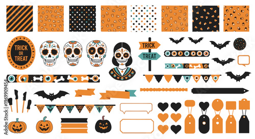 Extensive collection of Day of the Dead and Halloween graphics including sugar skulls, bats, pumpkins, and decorative banners.