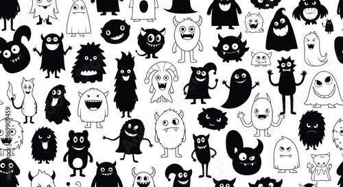 Seamless pattern featuring a large number of diverse black and white monster silhouettes and hand drawn cartoon creatures.