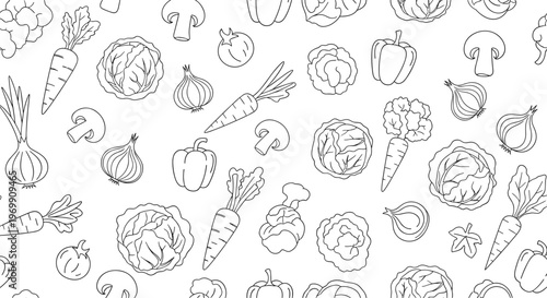 Seamless pattern featuring a wide variety of hand drawn vegetable sketches including carrots, onions, cabbage, and mushrooms.