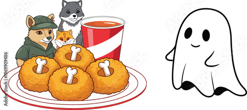 Cute ghost cartoon character and fried chicken meal with animals mascot illustration funny food vector set