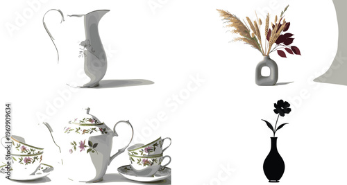 Vintage Teapot, Teacup and Floral Vase Illustration Set with Botanical Bouquet and Elegant Ceramic Tea Service Vector Collection