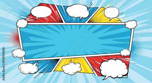Vibrant comic book background frame with colorful panels halftone dots and empty speech bubbles for creating dynamic action storytelling.