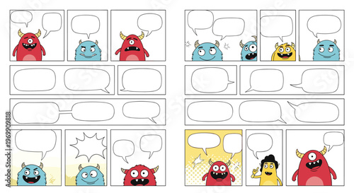 Comic book pages featuring cute colorful monsters and various speech bubbles for fun children activities and creative storytelling games.