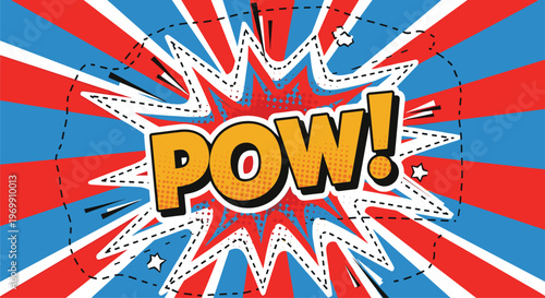 Explosive pop art comic book bubble with the word pow on a dynamic red and blue sunburst background for hero themes.