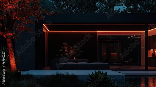 Modern dwelling exterior features striking orange illumination against a dark night sky