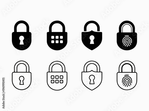 Modern Security Lock Icons Set with Password Keypad Shield and Fingerprint Vector Collection
