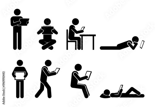 Stickman Tablet Usage Poses Collection – Minimal Digital Interaction Silhouette Vector Set.