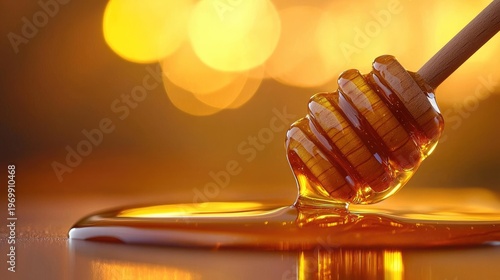 Viscous golden sweetener drips from a wooden utensil onto a reflective surface.