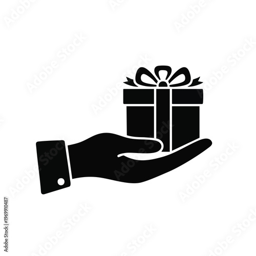 Gift box, present, hand holding, giving, donation, charity, aid, support, vector icon