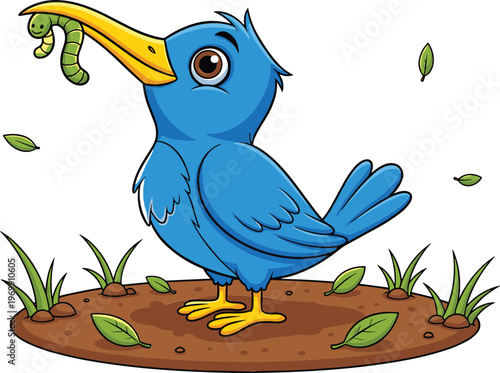 Cute blue cartoon bird holding worm in beak standing on ground with leaves nature wildlife vector illustration