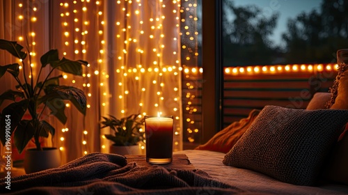 Warm interior scene illuminated by soft candlelight and cascading string lights in the evening