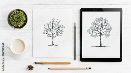Digital and traditional drawing comparison of bare tree silhouettes displayed on flat lay desk