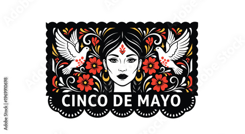Mexican culture celebration design features a woman with doves and flowers inside a decorative paper cut frame for Cinco de Mayo.