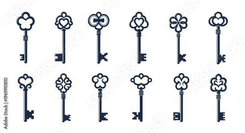 Vintage key collection features twelve different silhouettes with ornate handles including hearts, flowers, and bows.