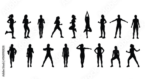 Women in various exercise poses and movements in black silhouette on white background