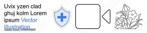 Healthcare, medical services, multimedia, nature , education, digital interface. Shield with cross icon, video play button text and floral sketch. Healthcare and multimedia concept