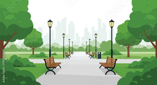 Urban park with benches and street lamps in a city