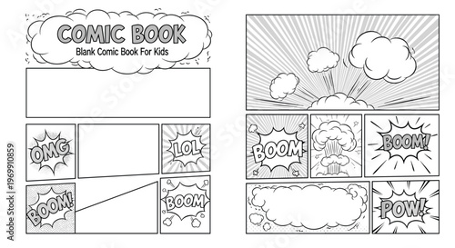Blank comic book template for kids includes multiple pages with empty frames, cloud bubbles, and sound effect text.