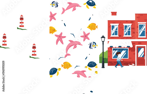 Colorful marine life circle with dolphins fish turtles starfish and lighthouse with seaside house cartoon vector illustration set
