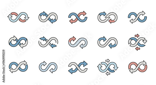 Infinity Loop Arrows Icon Set: Continuous Cycle, Workflow, and Endless Process Concepts