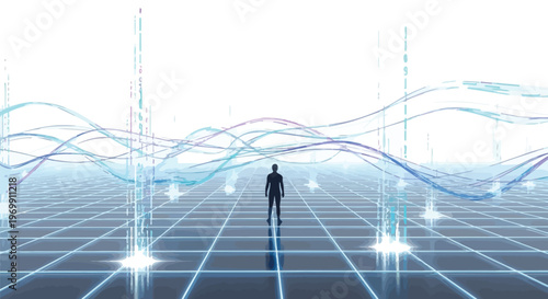 Person standing in futuristic digital environment with glowing lines and grid floor looking forward