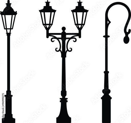 Classic street lamp silhouettes set featuring single and double lantern posts in vintage urban lighting minimal black vector design