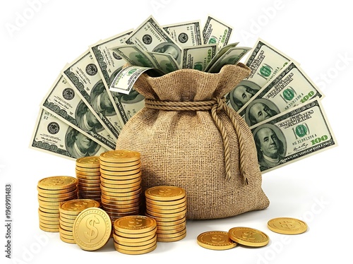 A burlap sack filled with dollar bills and gold coins on a white surface  symbolizing wealth and finance