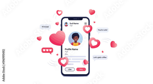 Mobile dating profile interface with heart icons and conversation bubbles on a white background