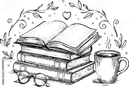 A stack of books with an open book on top and a cup of coffee beside it surrounded by decorative floral elements and butterflies